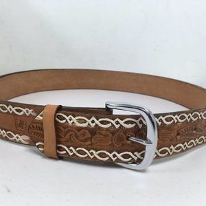 Vintage Mexico brown hand tooled leather belt removable buckle 36